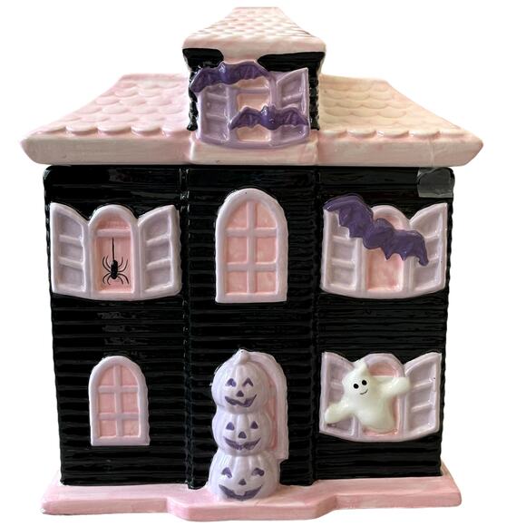 Pink HAUNTED HOUSE Cookie Jar Hand Painted Ceramic Spooky Bats Ghost New - Picture 1 of 16
